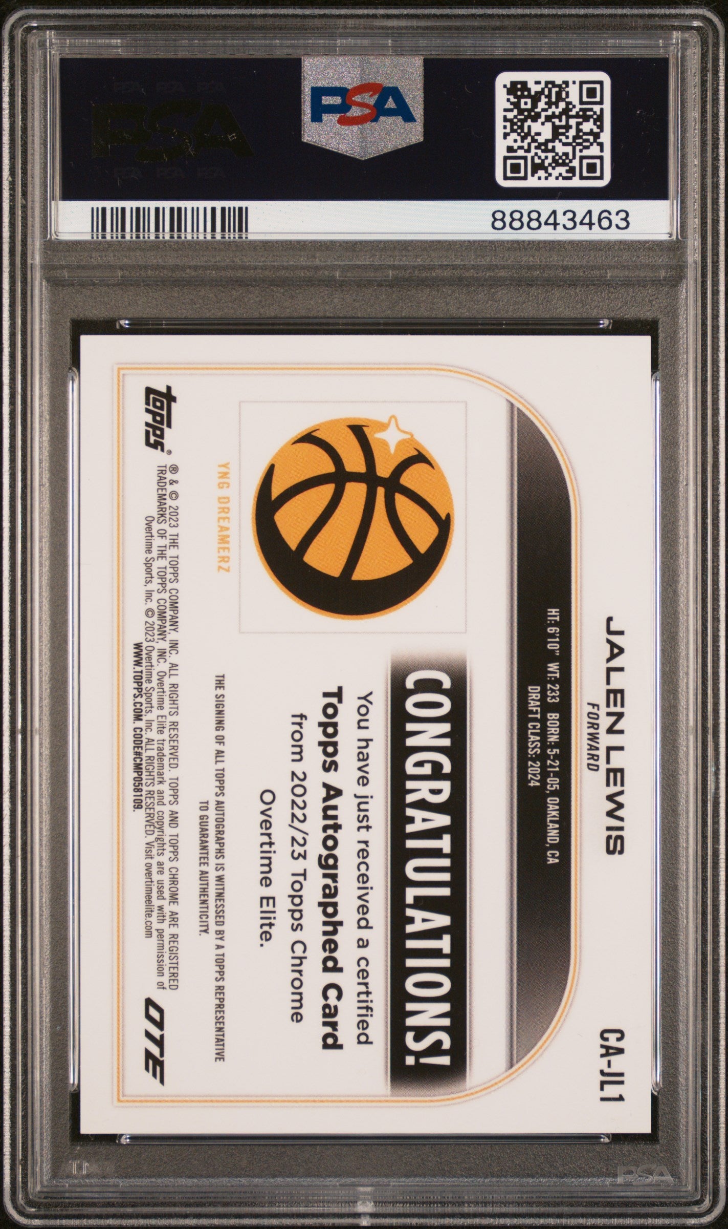 2022 Topps Chrome Overtime Elite Autographs #CAJL1 Jalen Lewis 72/75 Green Refractor PSA 10