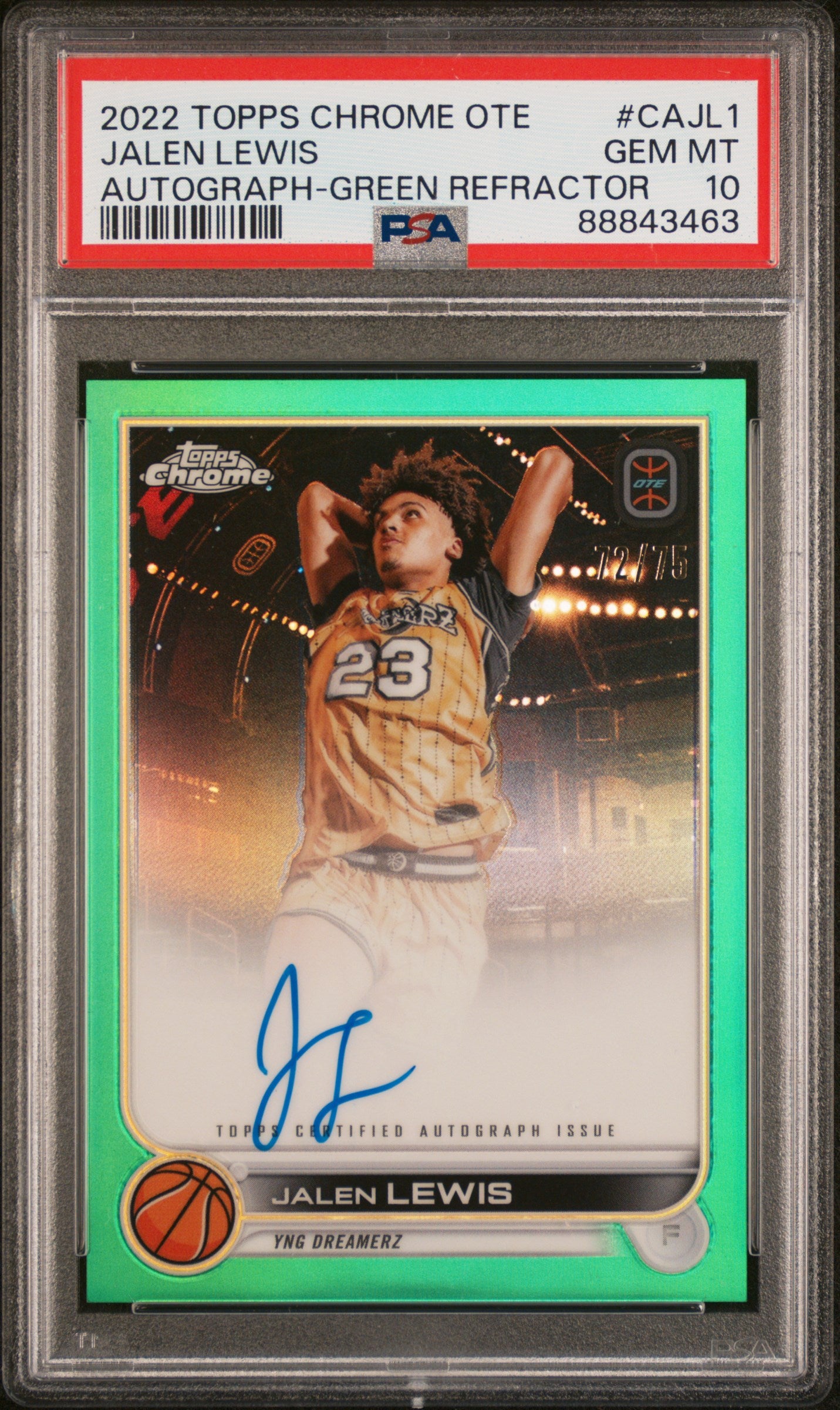 2022 Topps Chrome Overtime Elite Autographs #CAJL1 Jalen Lewis 72/75 Green Refractor PSA 10