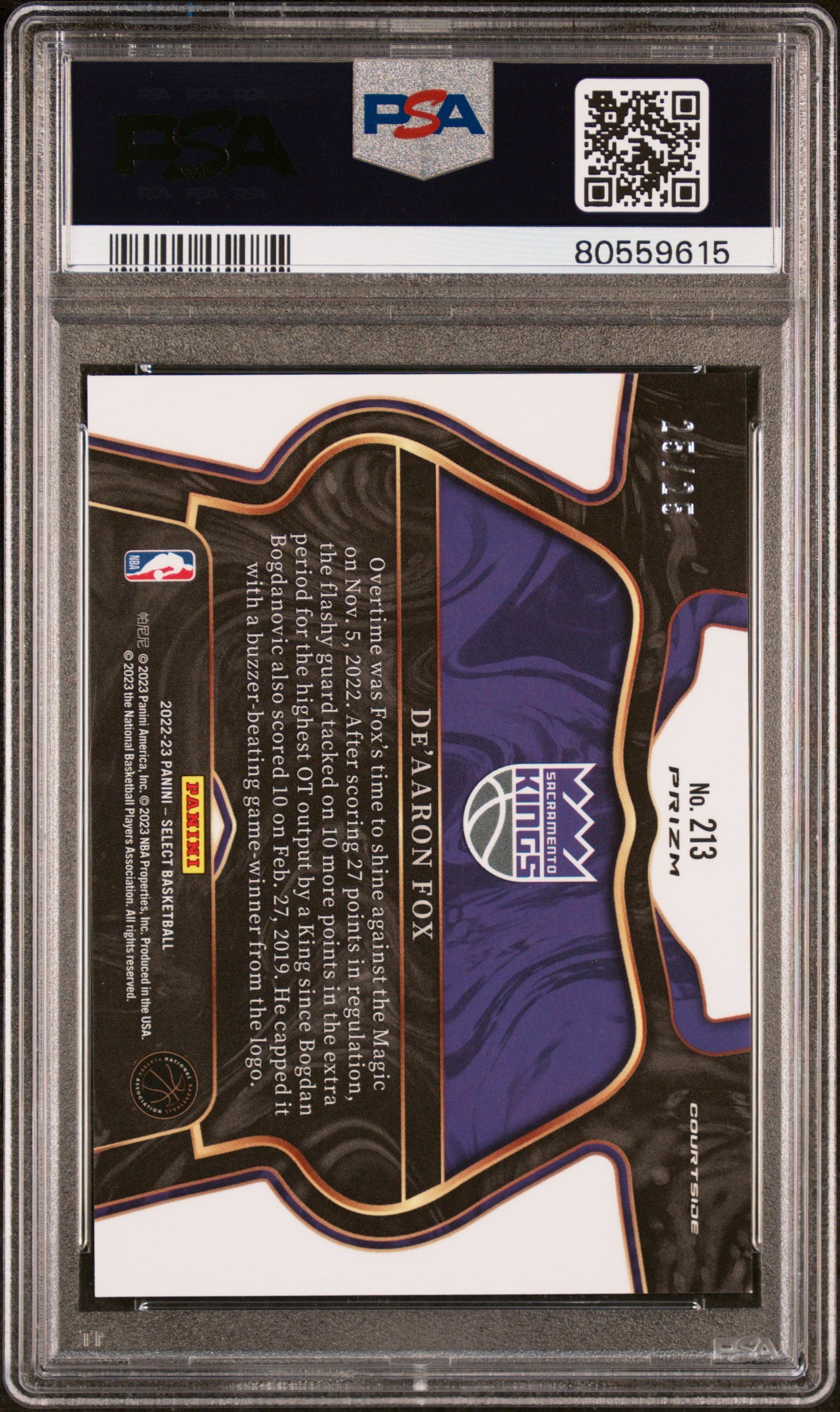 2022 Panini Select #213 De’aaron Fox 25/25 Blue Disco PSA 9