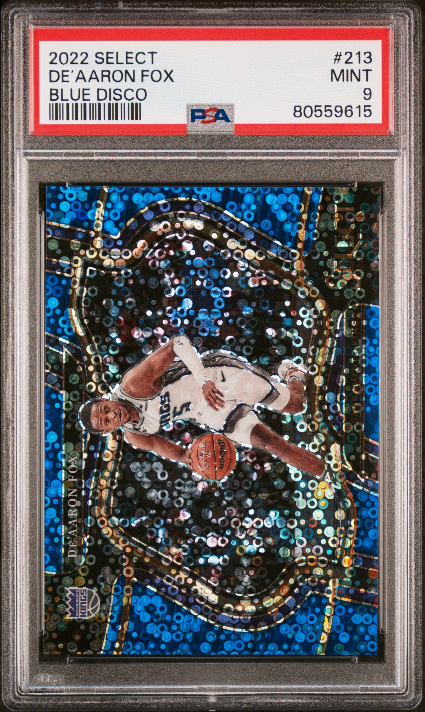 2022 Panini Select #213 De’aaron Fox 25/25 Blue Disco PSA 9