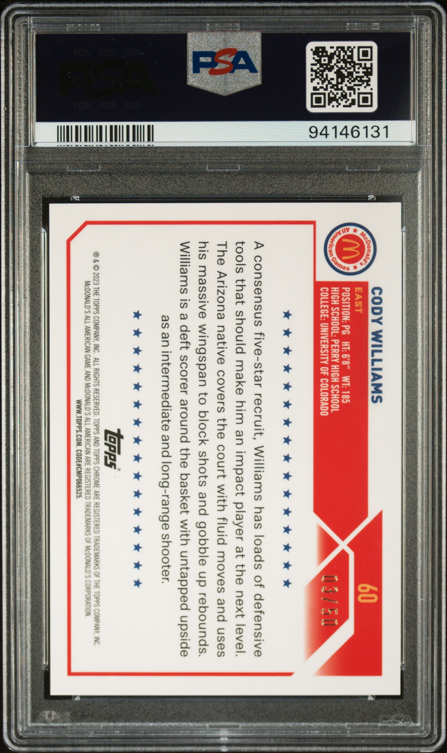 2023 Topps Chrome Mcdonald'S All-American #60 Cody Williams 03/50 Gold Refractor PSA 10
