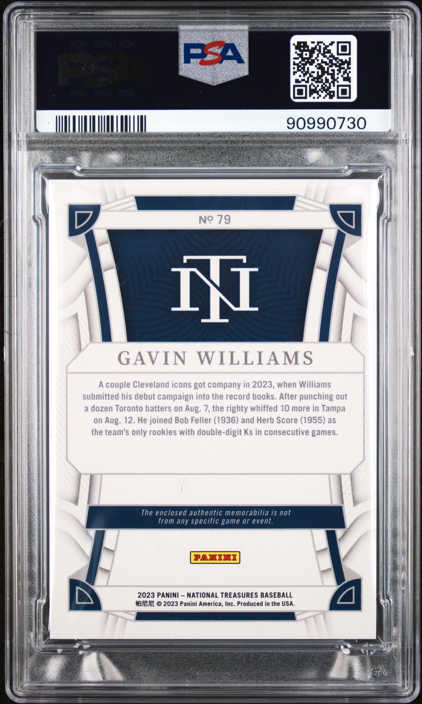 2023 Panini National Treasures #79 Gavin Williams Memorabilia RP 38/49 PSA 7