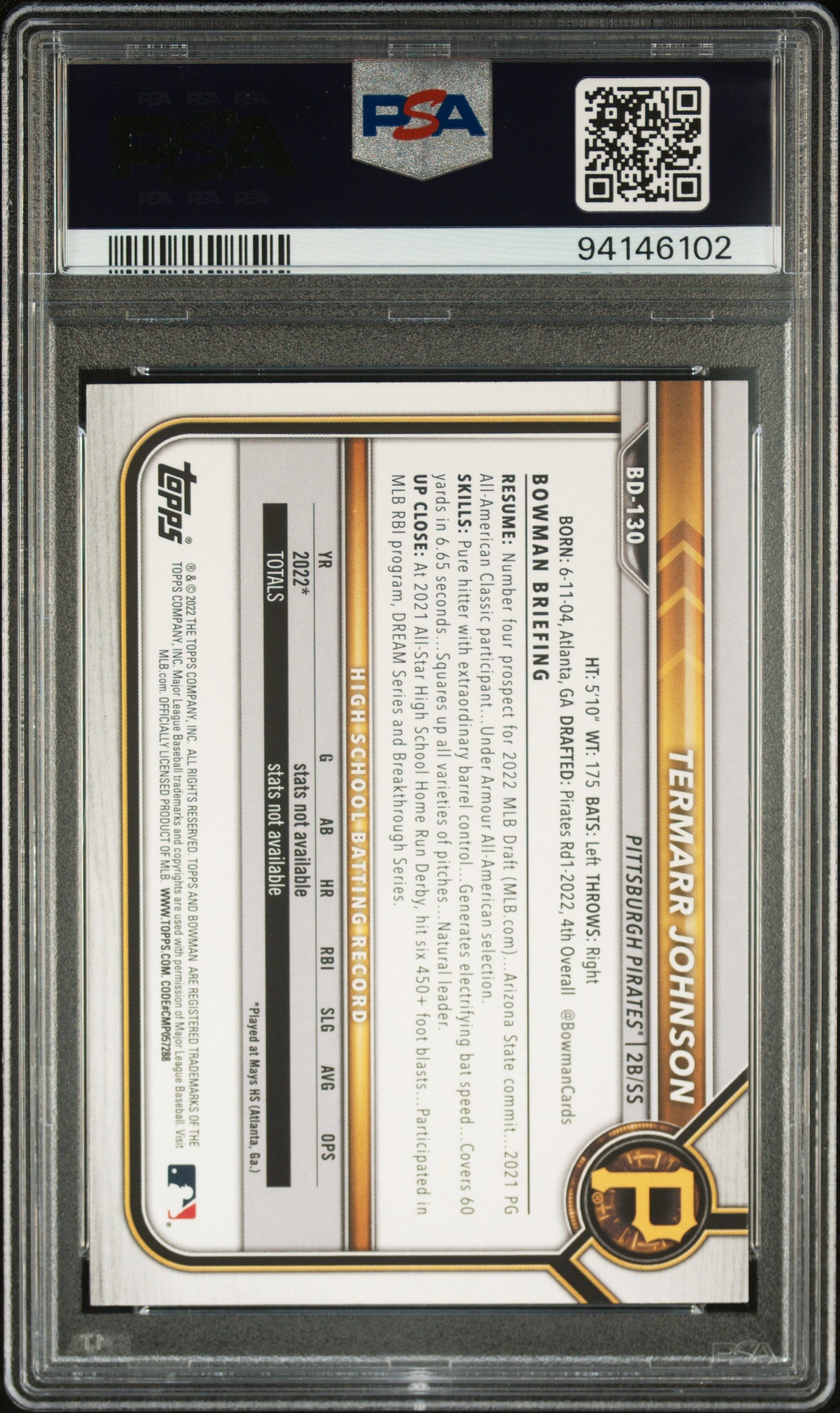 2022 Bowman Draft #BD130 Termarr Johnson PSA 10