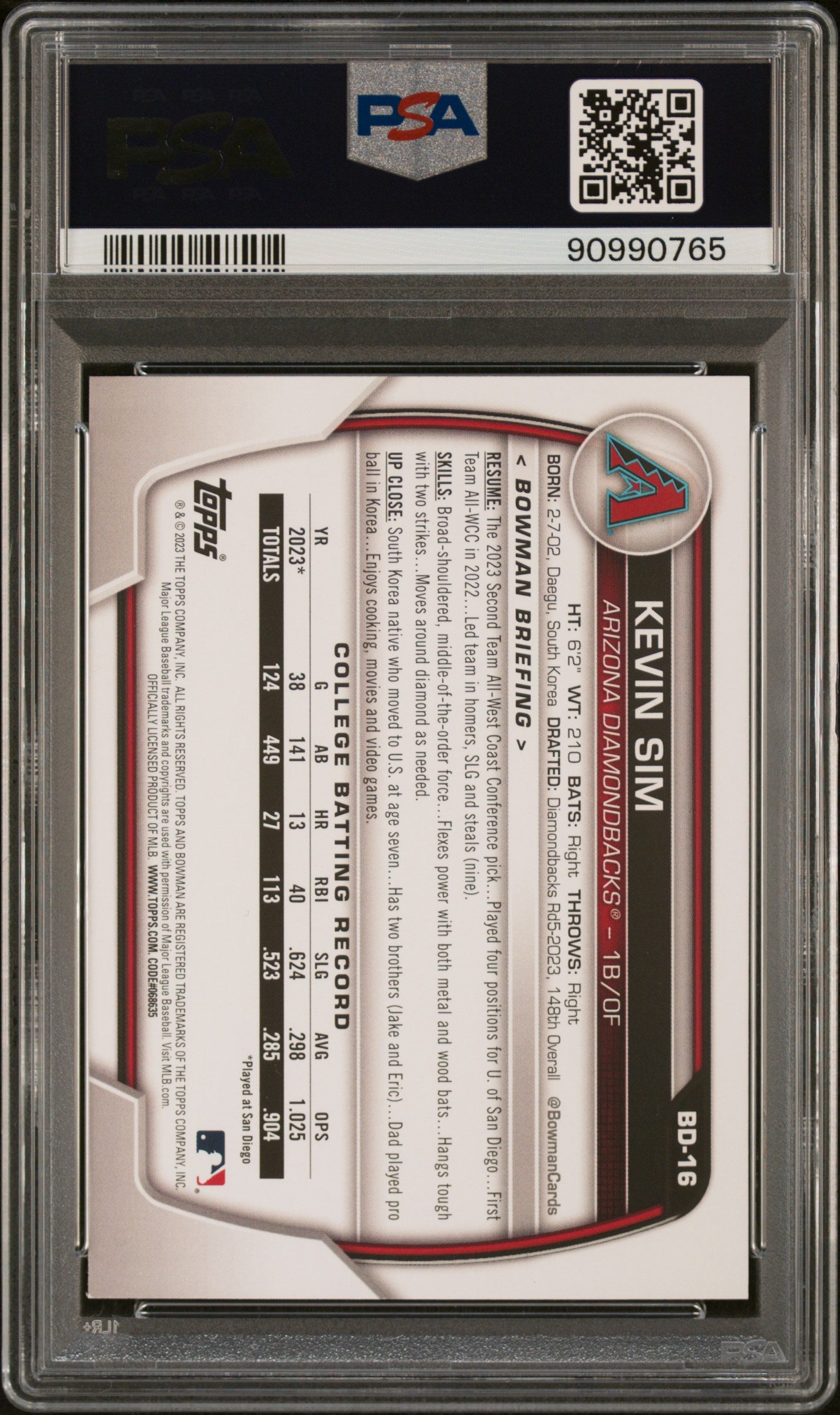 2023 Bowman Draft #BD16 Kevin Sim 199/199 Aqua/Pink Gradient PSA 9