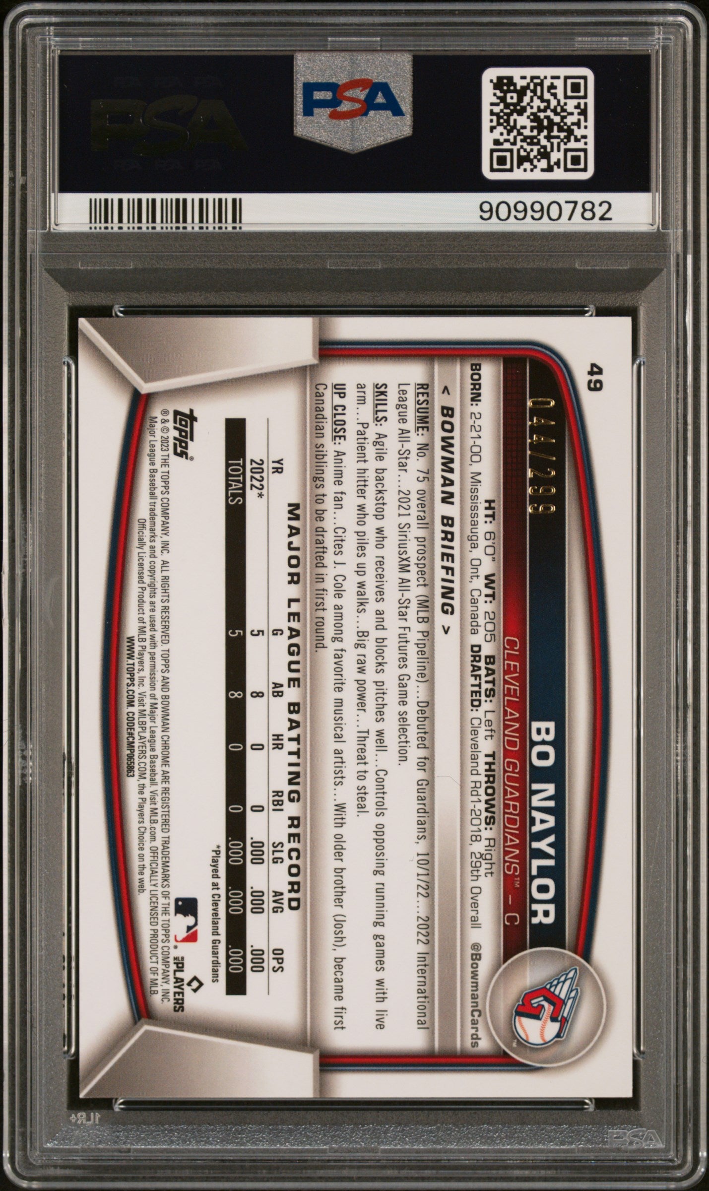 2023 Bowman Chrome #49 Bo Naylor 044/299 RC Fuchsia Refractor PSA 10