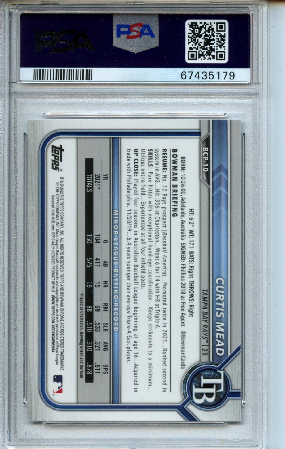2022 Bowman Mega Box Chrome #10 Curtis Mead Chrome PSA 9
