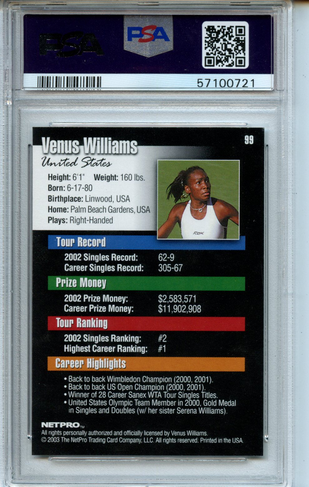 2003 Netpro #99 Venus Williams PSA 9