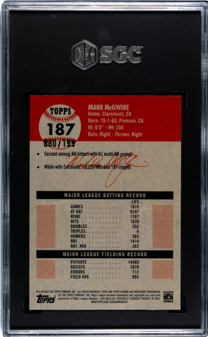 2022 Topps Chrome Platinum Anniversary #187 Mark Mcgwire 080/199 Blue Mini-Diamond Refractor SGC 9.5