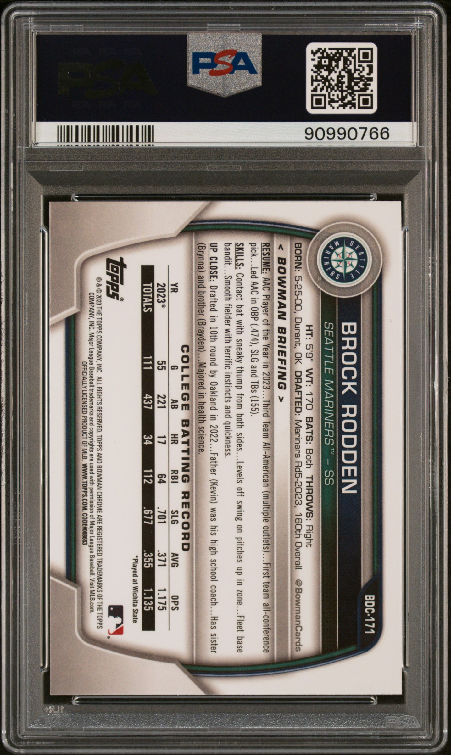 2023 Bowman Draft Chrome #BDC171 Brock Rodden 062/250 Purple Refractor PSA 10