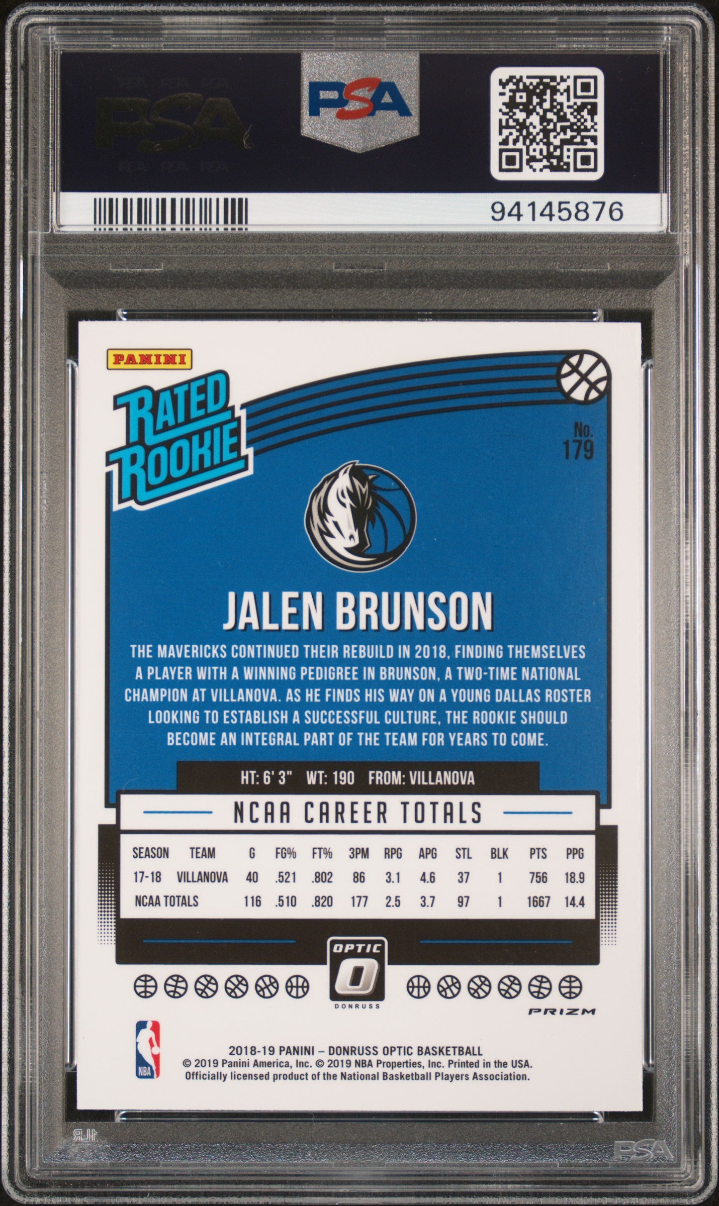 2018 Panini Donruss Optic #179 Jalen Brunson Purple RR PSA 10-9