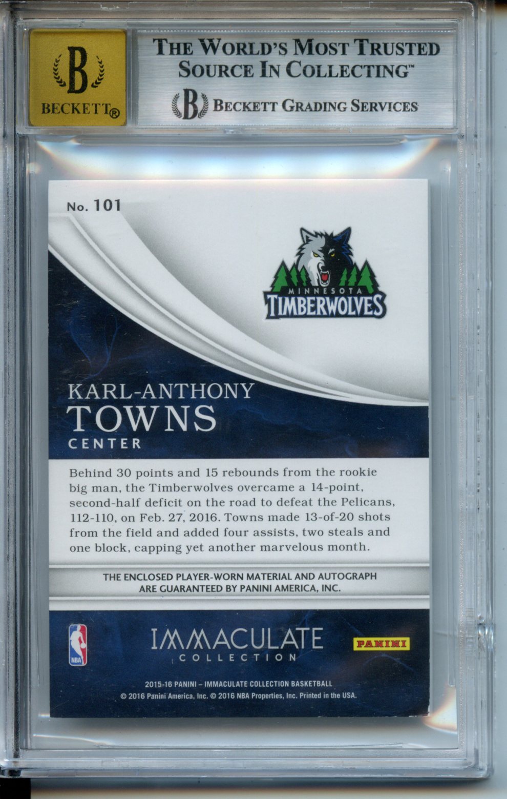2015-16 Immaculate Collection #101 Karl-Anthony Towns 49/99 RPA BGS 8-10