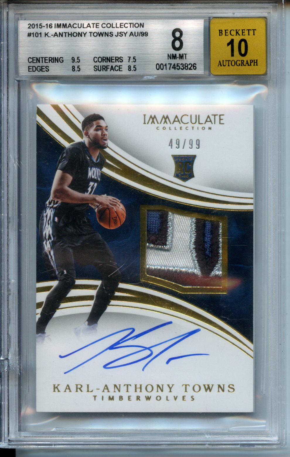 2015-16 Immaculate Collection #101 Karl-Anthony Towns 49/99 RPA BGS 8-10