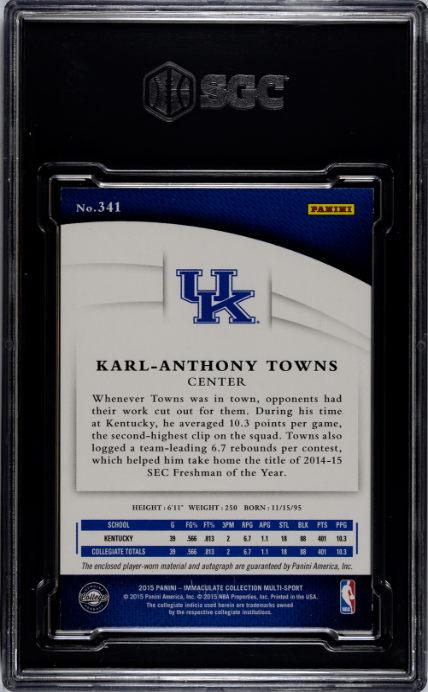 2015 Panini Immaculate Collection Collegiate #341 Karl-Anthony Towns 43/99 RPA SGC 8.5-10