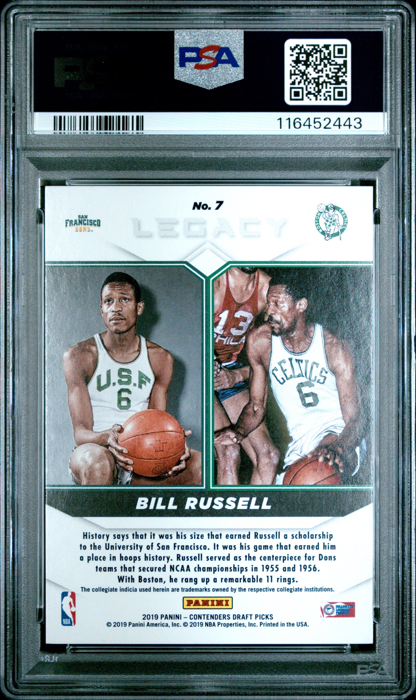 2019 Panini Contenders Draft Picks Legacy #7 Bill Russell Legacy-Fame 1/5 PSA 10