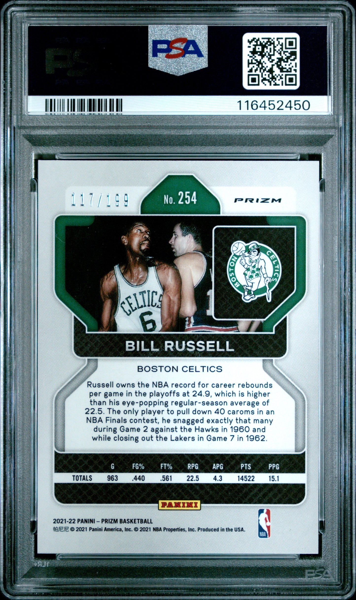 2021 Panini Prizm #254 Bill Russell 117/199 Blue Prizm PSA 10