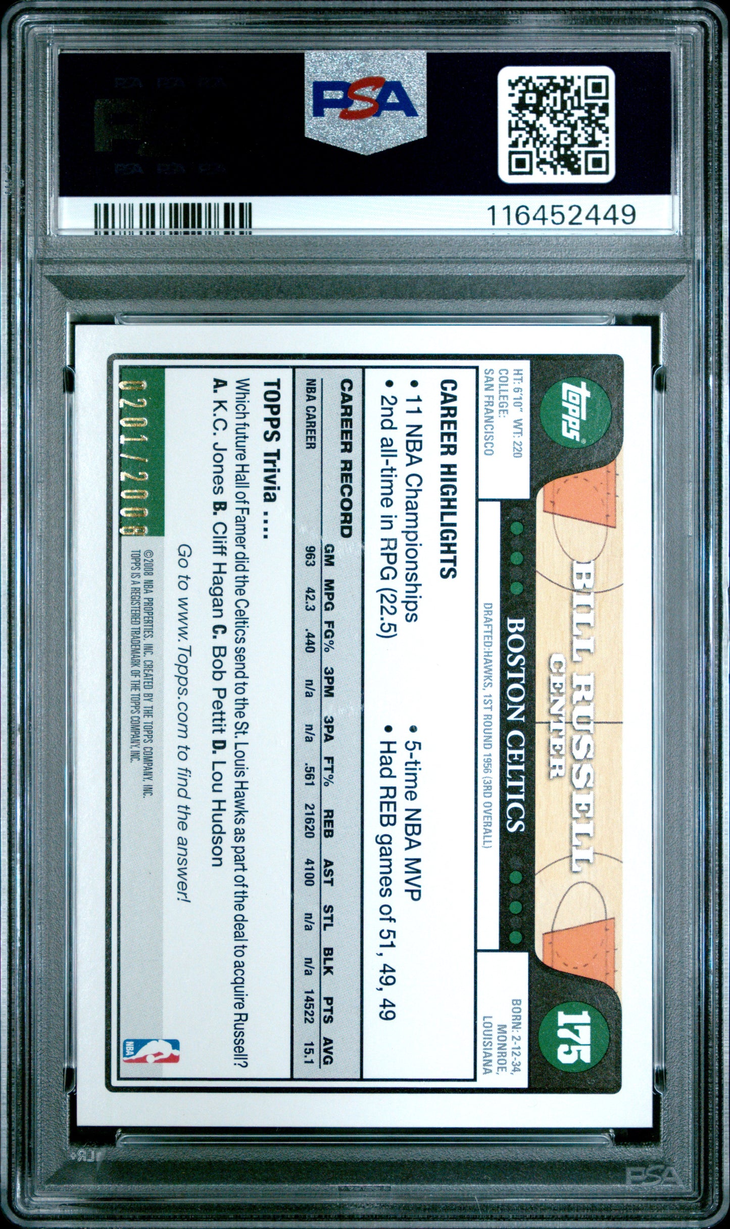 2008 Topps #175 Bill Russell 0201/2008 Gold PSA 8