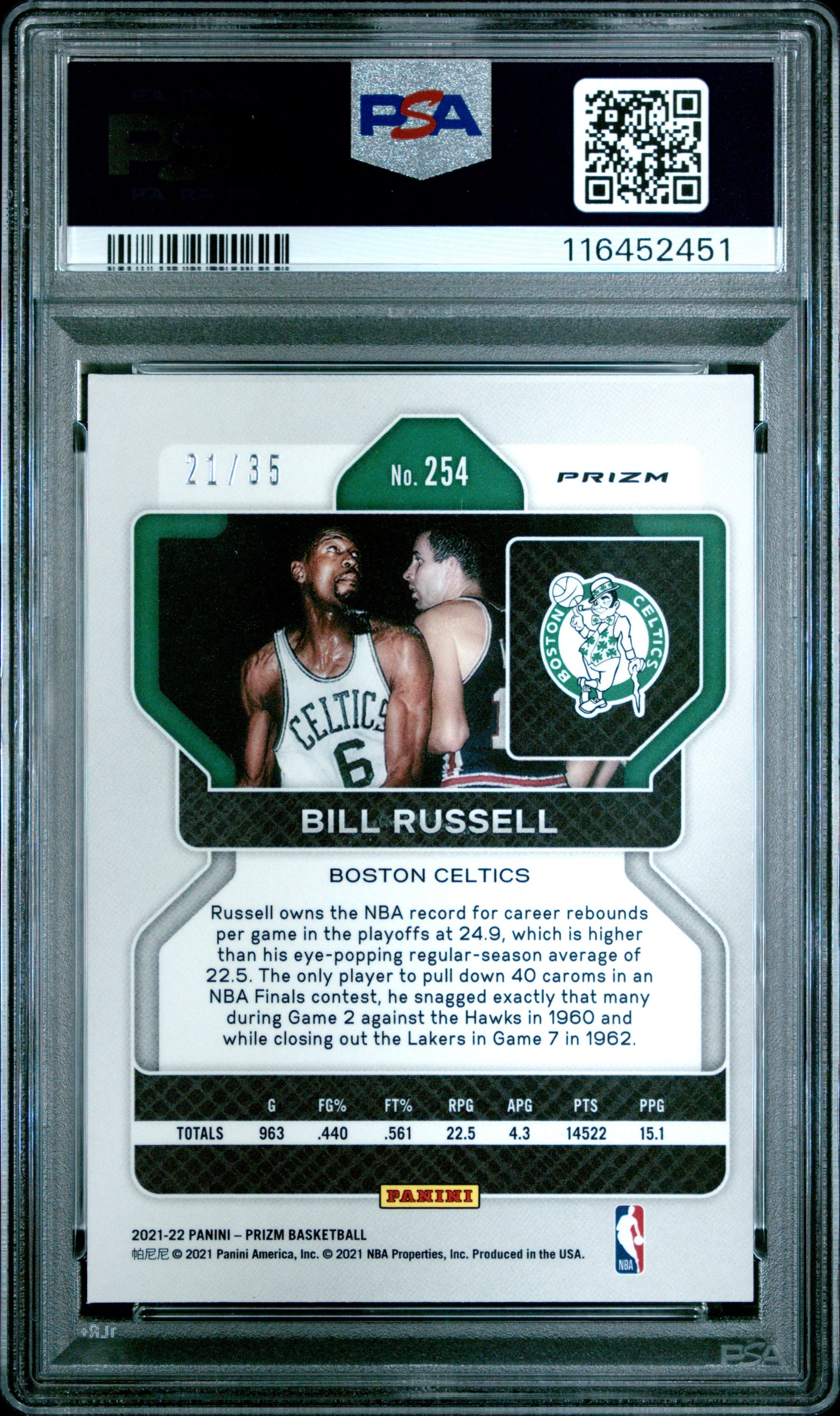 2021 Panini Prizm #254 Bill Russell 21/35 Purple Pulsar PSA 7