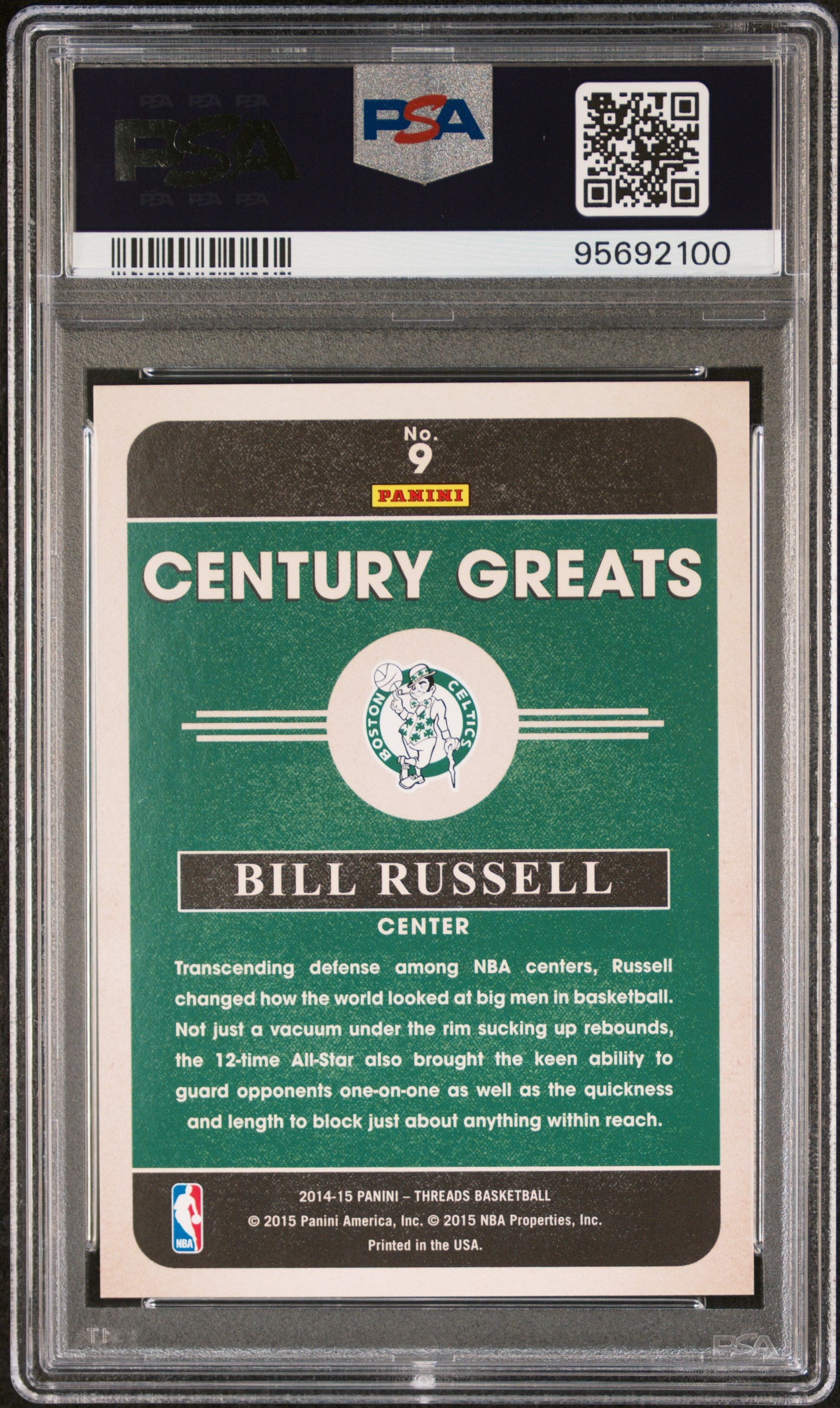 2014 Panini Threads Century Greats #9 Bill Russell 27/99 PRF Red PSA 9