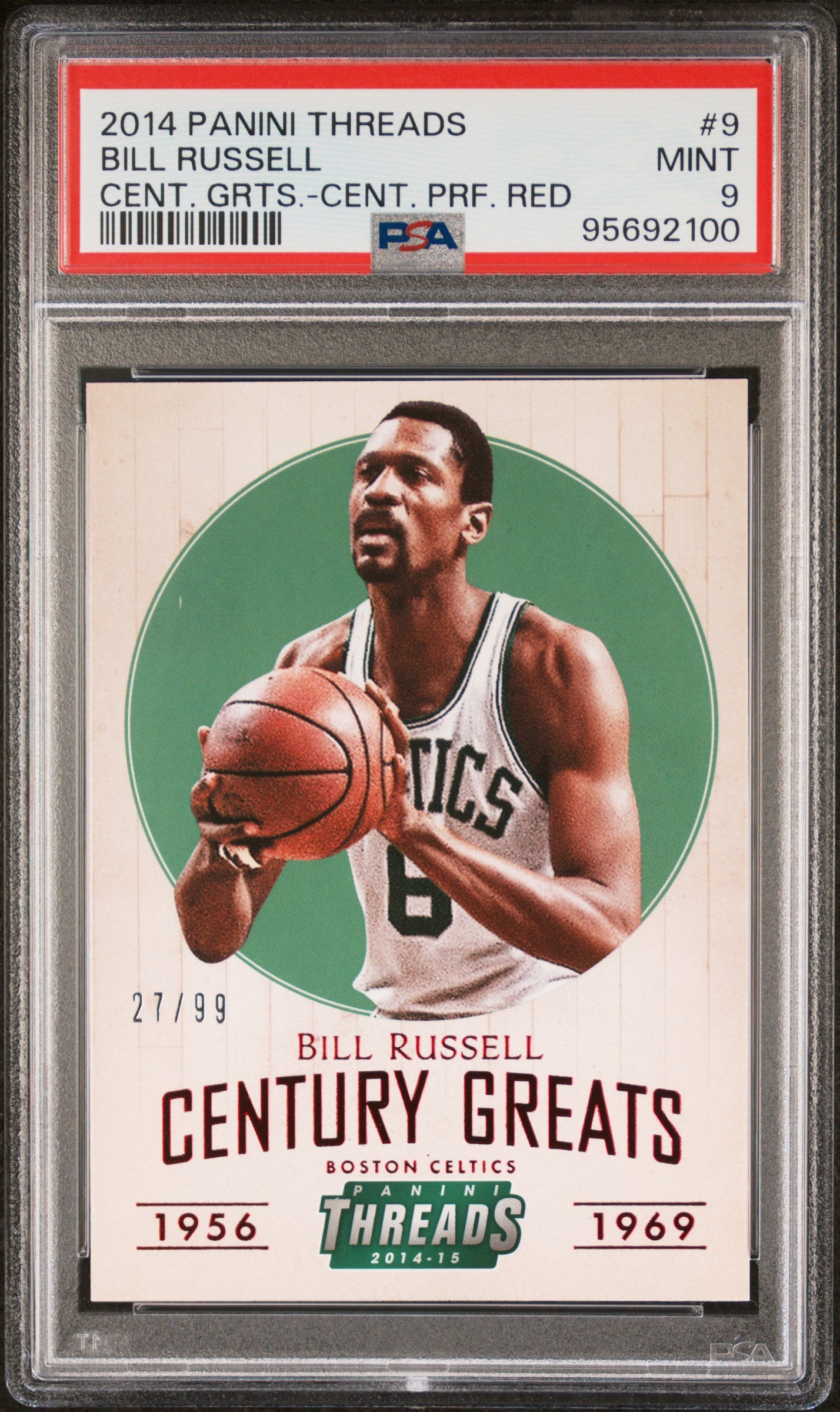2014 Panini Threads Century Greats #9 Bill Russell 27/99 PRF Red PSA 9