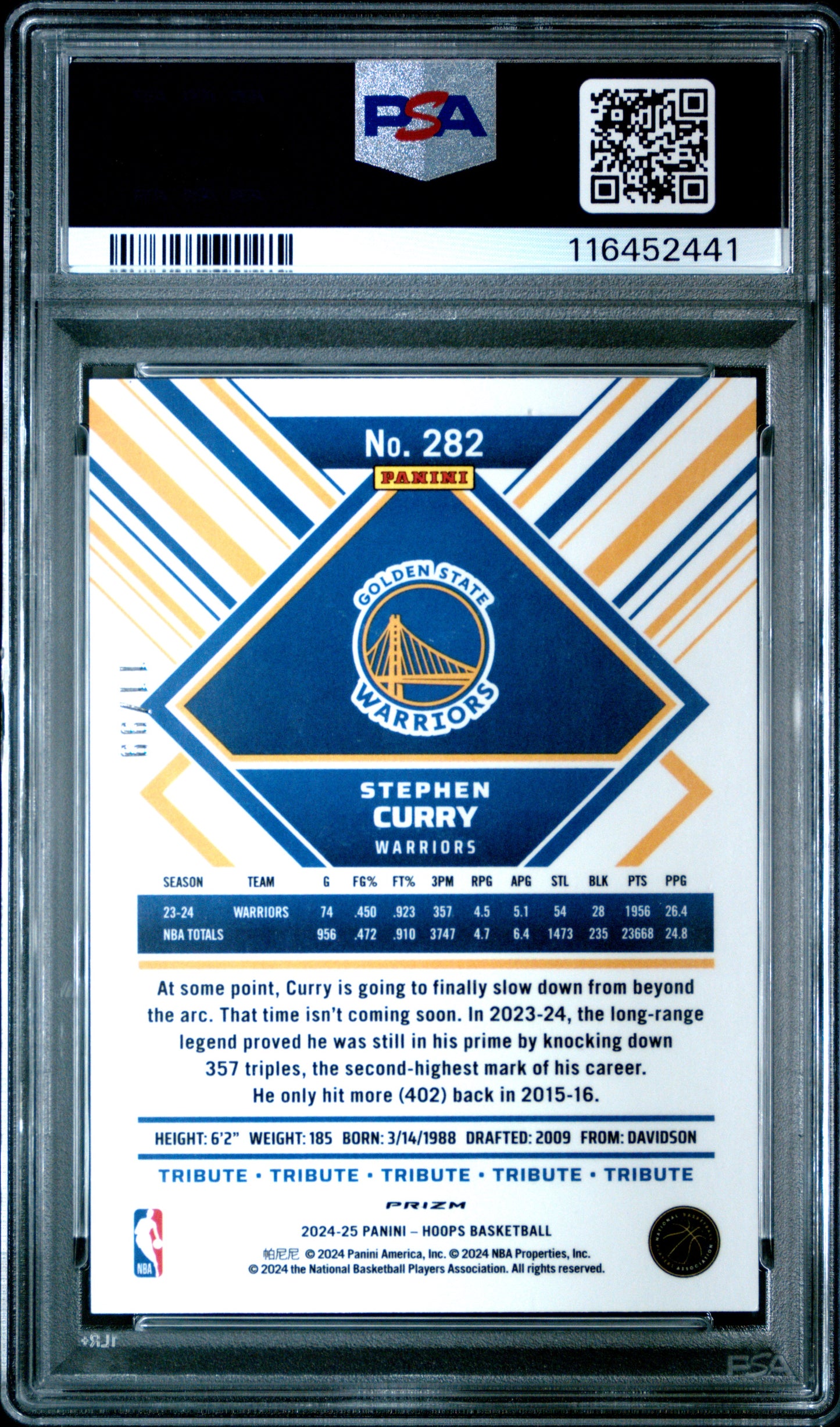 2024 Panini NBA Hoops #282 Stephen Curry 11/99 Premium Prizms Blue Pulsar PSA 10