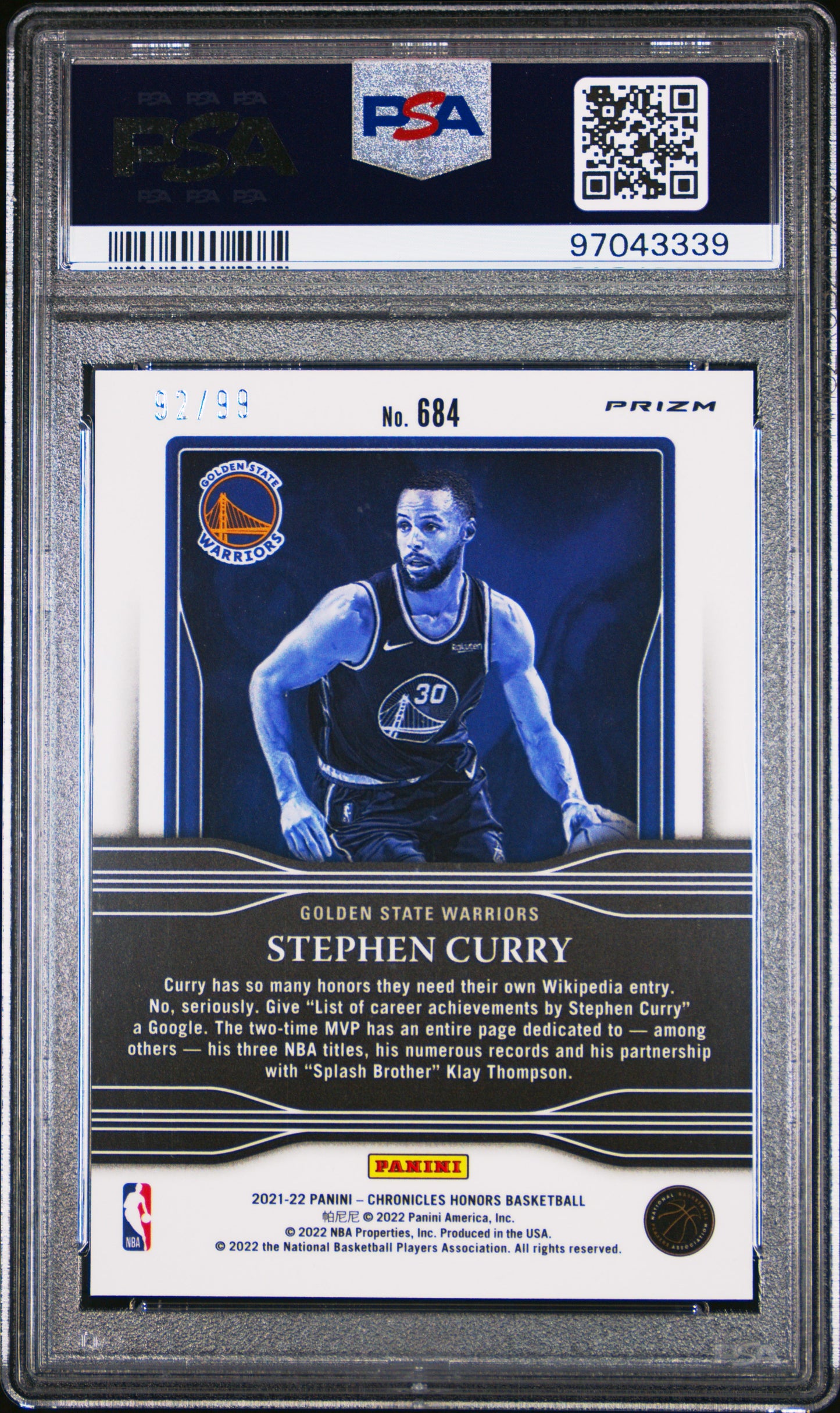 2021 Panini Chronicles #684 Stephen Curry 92/99 Blue PSA 8
