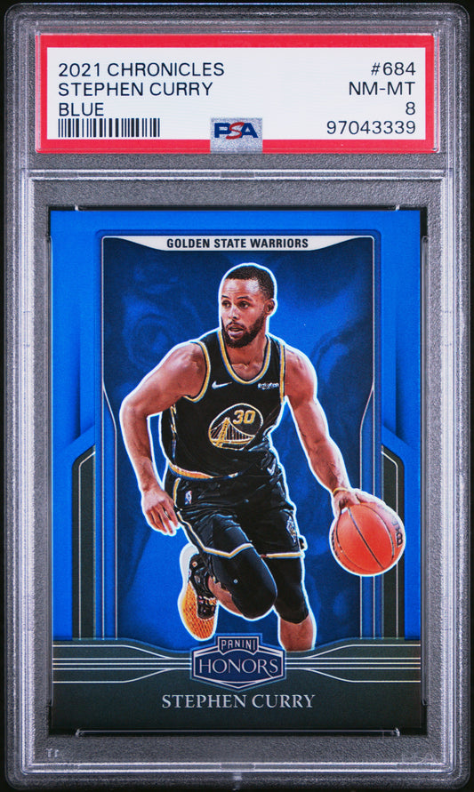 2021 Panini Chronicles #684 Stephen Curry 92/99 Blue PSA 8