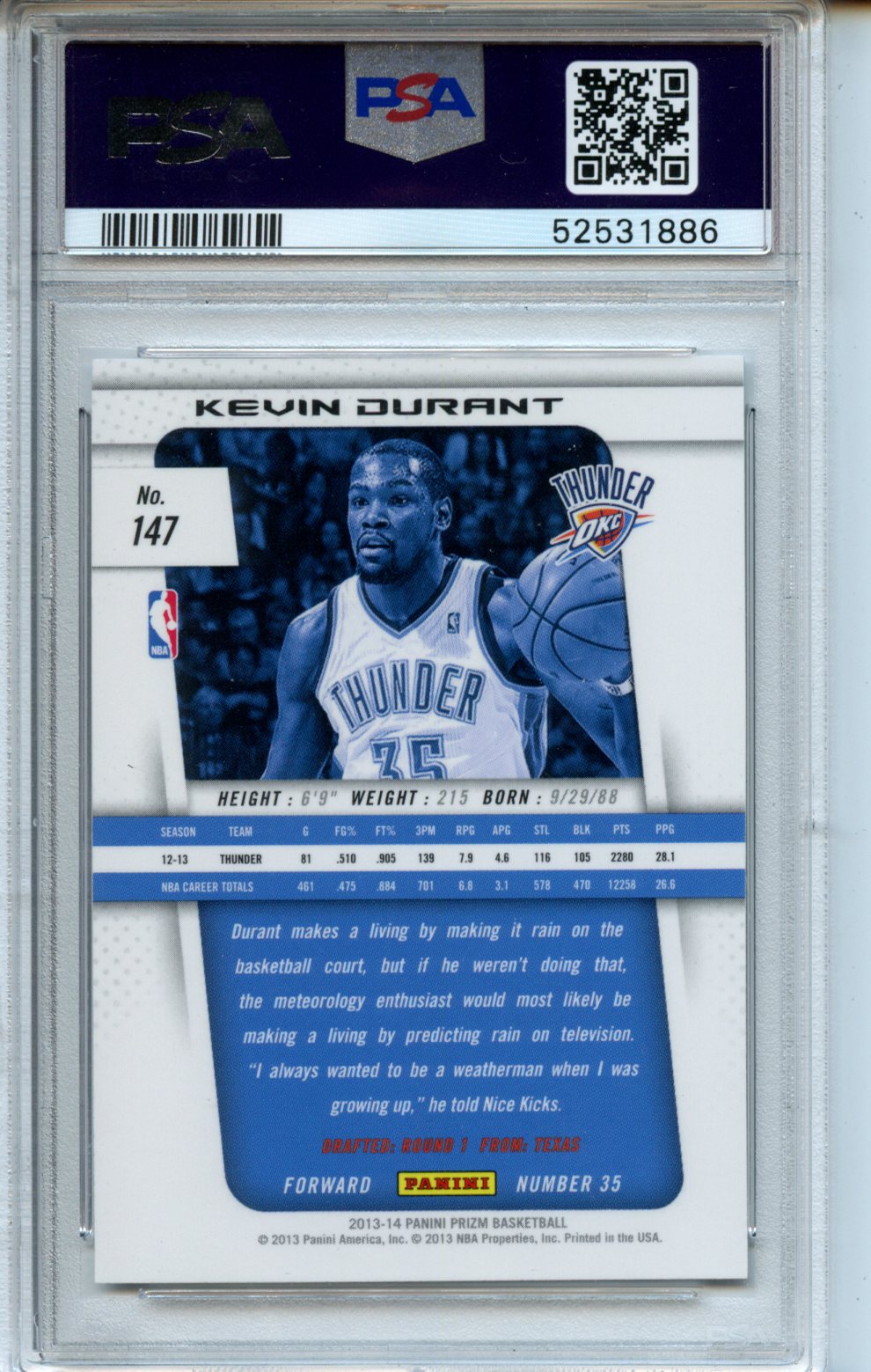2013 Panini Prizm #147 Kevin Durant PSA 10