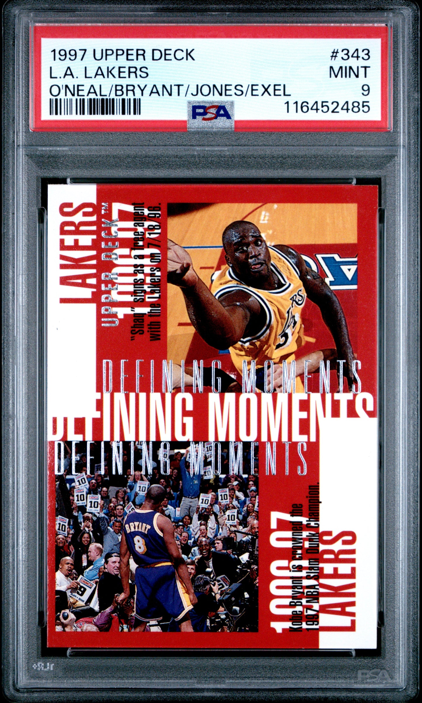 1997 Upper Deck #343 L.A. Lakers O'Neal/Bryant/Jones/Exel PSA 9