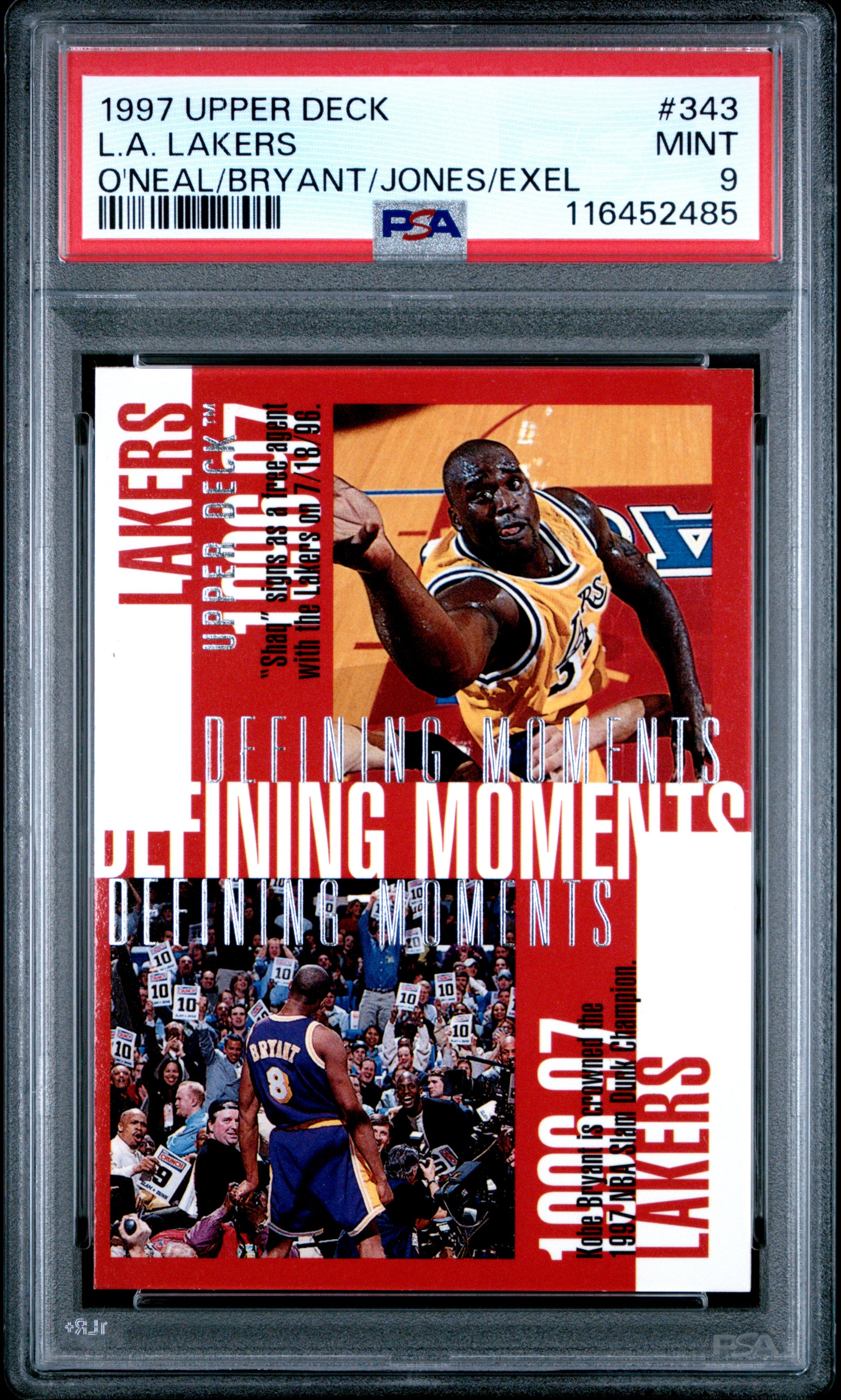 1997 Upper Deck #343 L.A. Lakers O'Neal/Bryant/Jones/Exel PSA 9