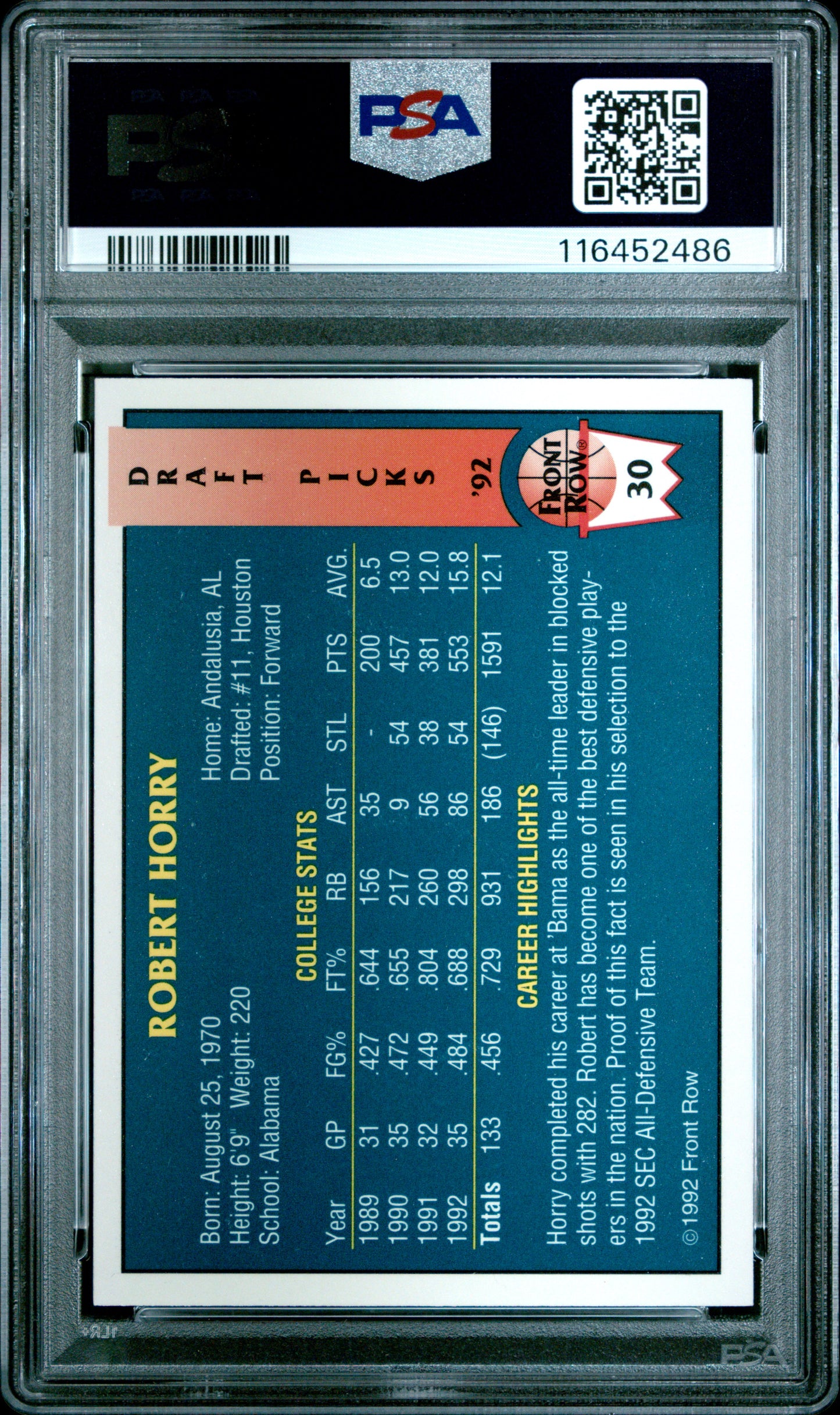 1992 Front Row Draft Picks #30 Robert Horry PSA 6