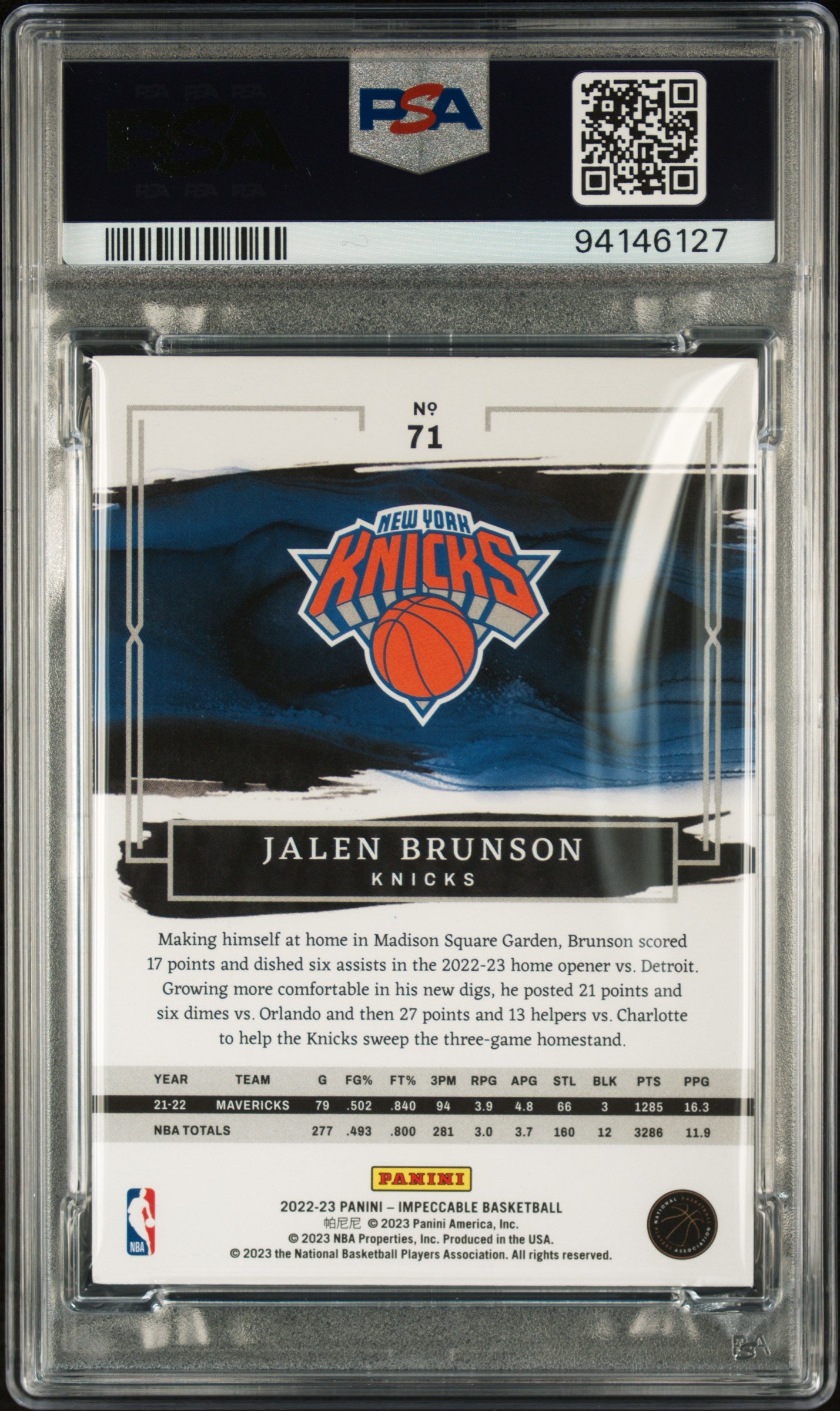 2022 Panini Impeccable #71 Jalen Brunson 47/49 Gold PSA 7