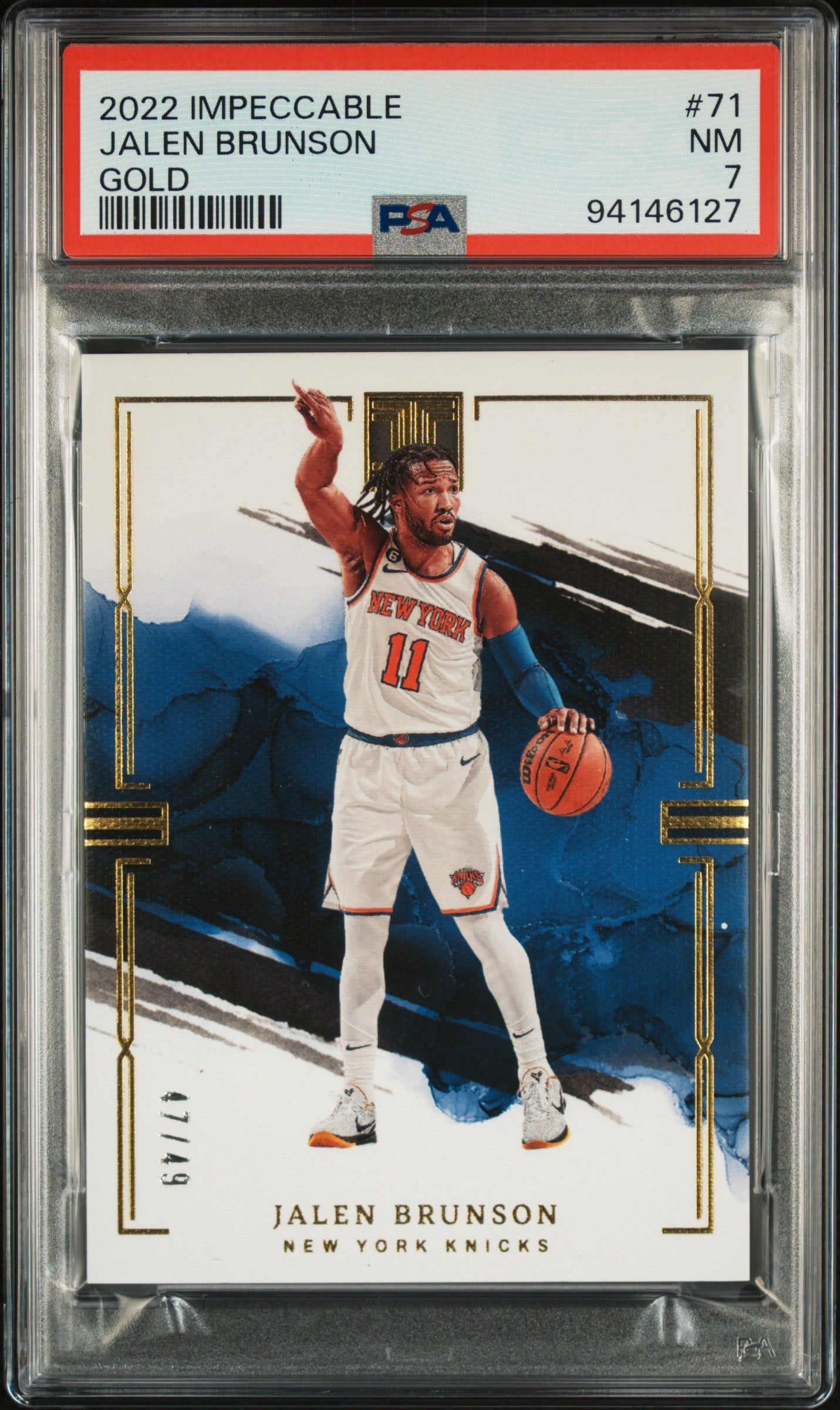 2022 Panini Impeccable #71 Jalen Brunson 47/49 Gold PSA 7