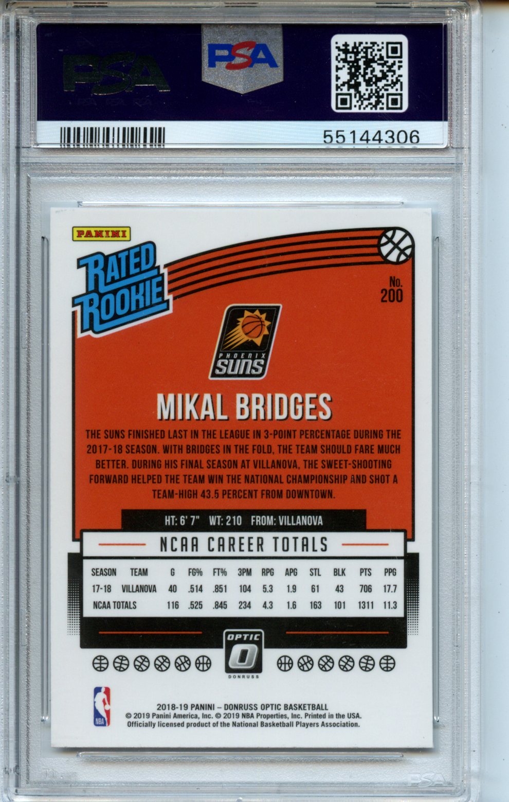 2018 Panini Donruss Optic #200 Mikal Bridges RR PSA 10