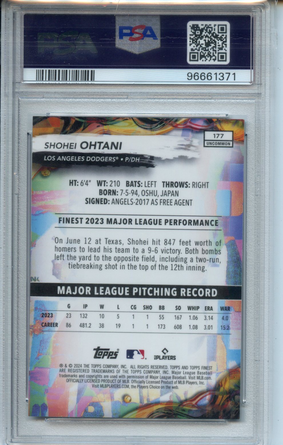 2024 Topps Finest #177 Shohei Ohtani Sky Blue Refractor 238/250 PSA 9