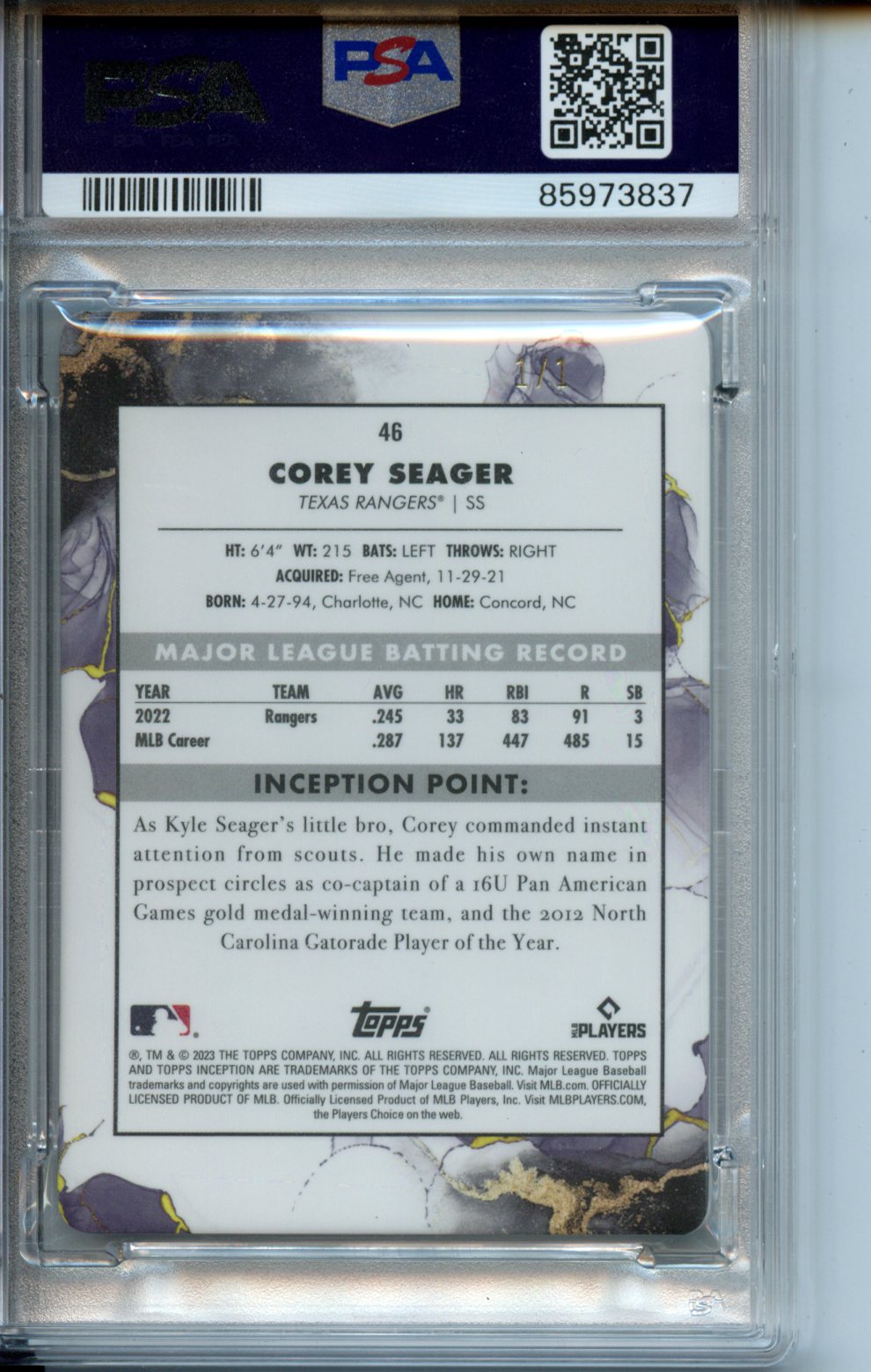 2023 Topps Inception #46 Corey Seager Magenta Printing Plate 1/1 PSA 10
